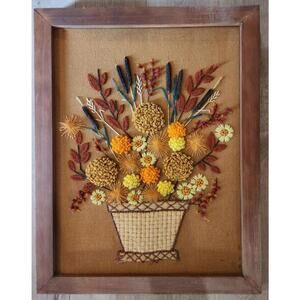 VTG 70s Framed Paragon Crewel Fall Bouquet Needlecraft Embroidered Art 28x22